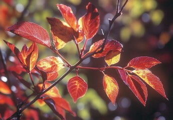 Vibrant Red and Orange Leaves Illuminated by Sunlight Showcasing the Beauty of Autumn Foliage in a Nature Setting with Soft Focus Background
