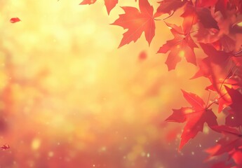 Fototapeta premium Vibrant Red Maple Leaves Against a Soft Golden-Bokeh Background Capturing the Essence of Autumn's Beauty and Warmth in Nature's Palette