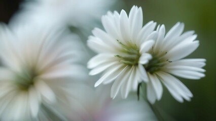 some very pretty white flowers with green leaves in the background snuggling together