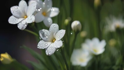 a group of white flowers sitting on top of a green field of grass filled with raindrops