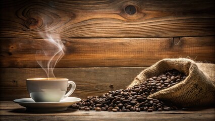 Coffee Cup with Heart Shape Smoke on Burlap Sack on Old Wooden Background, beans, earthy tones,  beans