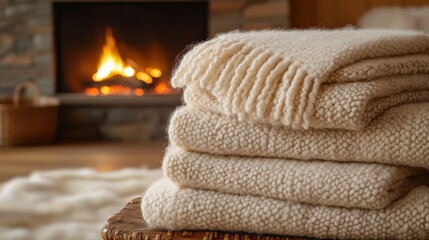 A stack of cozy wool blankets with soft textures, placed in front of a gently glowing fireplace, warm and inviting, autumn theme, minimalist and atmospheric