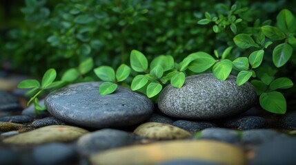 Serene Stones Surrounded by Lush Green Leaves in Nature Setting