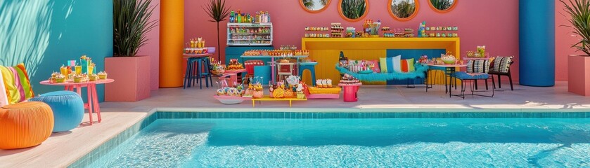 A colorful poolside scene with vibrant decor and fun toys.