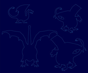 Four silhouettes of different types of dragons. The first one is a large dragon with a long tail and wings