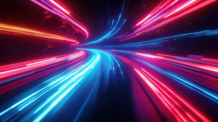 Abstract blurred light speed motion of a road in a night city, a futuristic concept background for technology and science