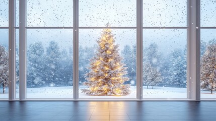 Modern residential window view of snowy background,christmas tree and gift boxes.Snowy glittering winter landscape with space for products and decorations,Happy christmas time,snowfall.