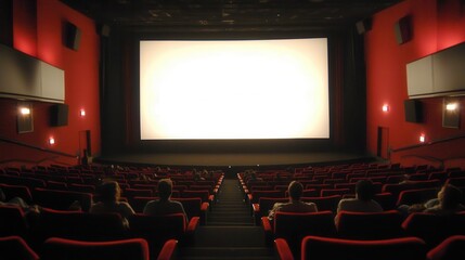Fototapeta premium People in the cinema auditorium with Cinema blank wide screen and red chairs in the cinema hall,People silhouettes watching movie performance,empty white screen,space for text.