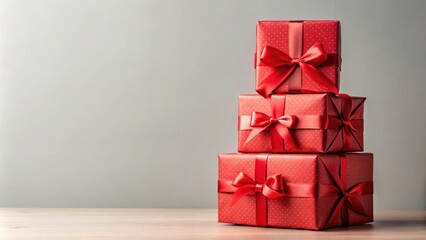 Stack of red gift boxes tied with ribbon on a background, gift boxes, red, ribbon, stack,background, festive
