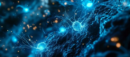 Microscopic view of glowing neurons, synapses firing, neural network.