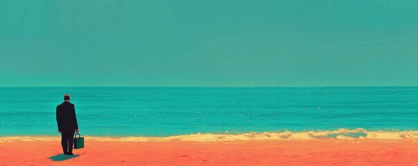 A man in a suit stands at the beach, contemplating the ocean view.