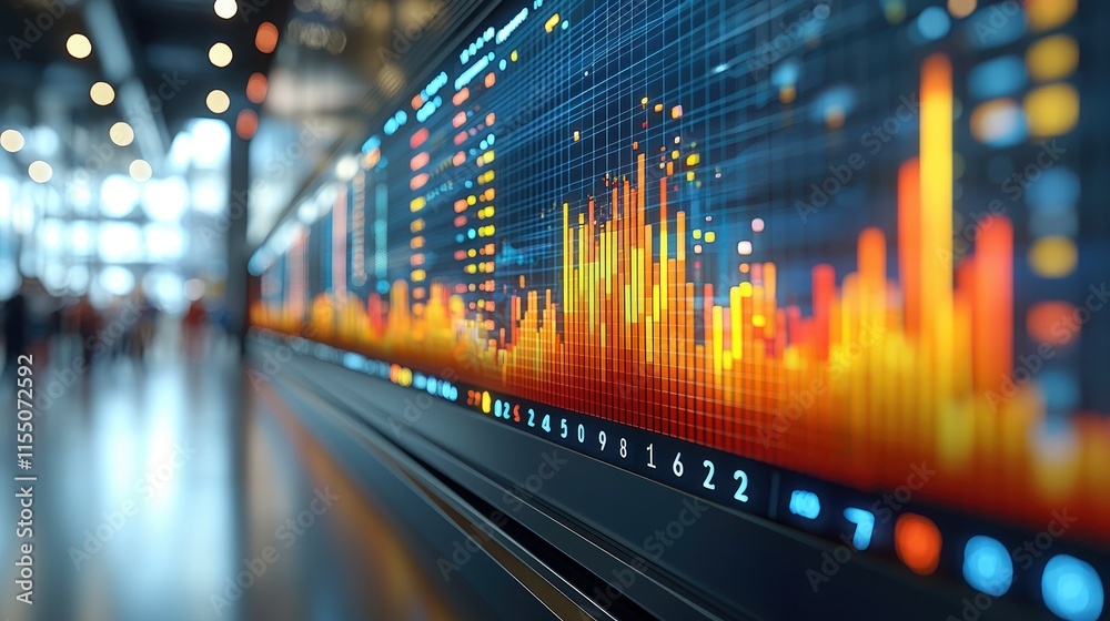 Poster a vibrant data visualization with bars representing statistics in a modern setting.