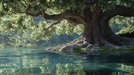 Majestic Ancient Tree Overlooking Tranquil Emerald Green Water