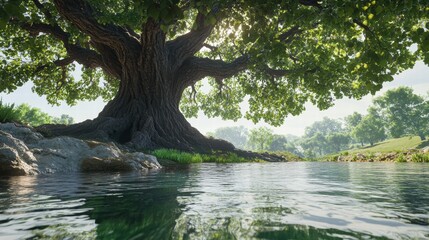 Majestic Oak Tree by Serene Water Reflection in a Lush Landscape