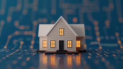 A miniature house sits on a circuit board, symbolizing the intersection of technology and home, with warm lights glowing from its windows.smart home systems, home improvement, IoT, home security.