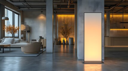 Trade Show Banner Mockup showcases a modern, minimalistic space with warm lighting, highlighting elegance and sophistication.