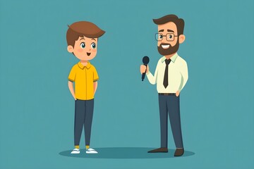 A cartoon of a man and a boy talking on a microphone