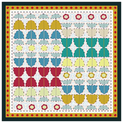 Colorful geometric pattern with semicircle motifs in a repeating design and dotted background, framed by a decorative border.