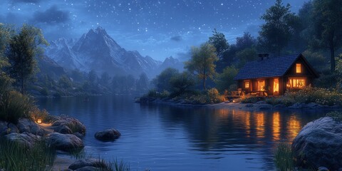 Fototapeta premium Soft light glows from a rustic cabin by the lakeshore, surrounded by majestic mountains and starry night skies