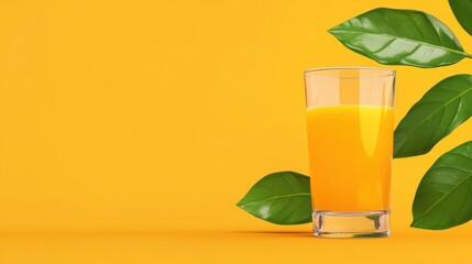 Freshly Squeezed Orange Juice with Green Leaves on Yellow Background