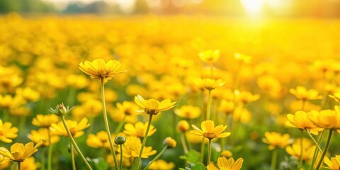 Fototapeta premium Field of yellow flowers with green leaves, nature, outdoors, floral, background, vibrant, sunny, meadow, summer, blooming, bright