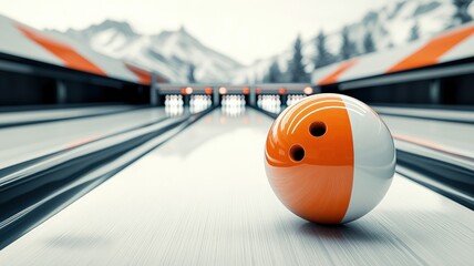 A vibrant bowling ball rolls down a well-maintained lane.