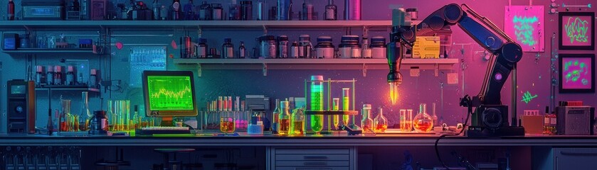 A vibrant laboratory scene filled with colorful experiments.
