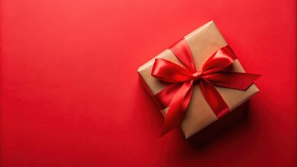 Fototapeta premium Brown paper gift box with a red satin ribbon bow on red flat lay , gift, box, brown, paper, red, satin, ribbon, bow