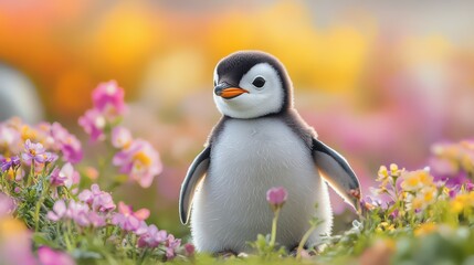 Fototapeta premium Adorable Chinstrap Penguin Chick in a Flower Garden