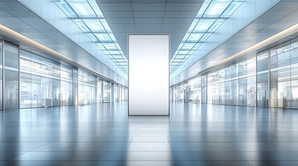 Trade Show Banner Mockup showcases a sleek, modern hallway with ample lighting, emphasizing the blank banner's potential.
