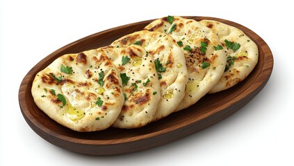 Several golden-brown naan breads, garnished with parsley and oil, arranged on a wooden platter against a white background.