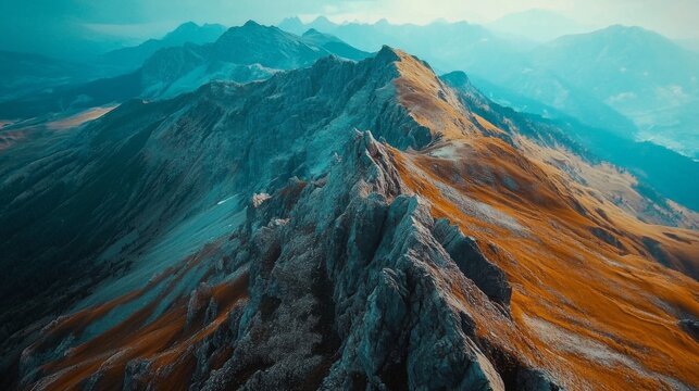 Stunning aerial view of a majestic mountain range highlights rugged peaks and vibrant colors. This image captures the beauty of nature in its purest form. Generative AI
