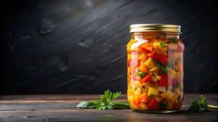 Glass jar with canned fresh chopped vegetables, lecho on black background, canned food, homemade, natural, red sauce