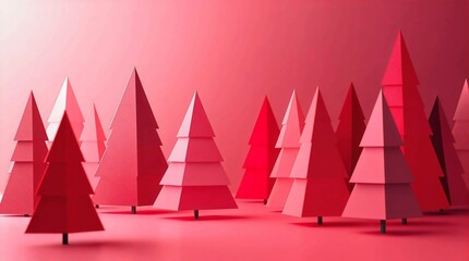 stylized minimalist forest of red and pink paper Christmas trees. evokes festive, cheerful and creative holiday spirit. Ideal for Christmas cards, holiday greetings, winter themes, valentines day
