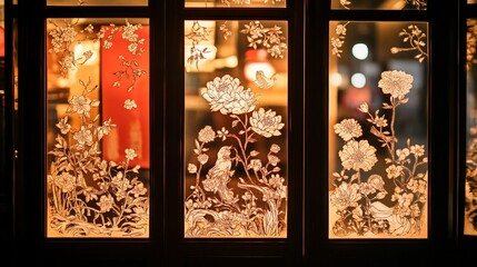 Fototapeta premium Decorative window display with intricate floral and fish designs illuminated from within.
