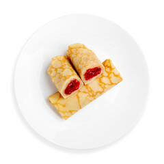 Russian pancakes with strawberry jam, on a white background, isolated. Top view.