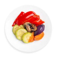 Steamed vegetables, diet food, on a white background, isolated. Top view.