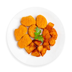 Chicken nuggets with fried potatoes, on a white background, isolated. Top view.