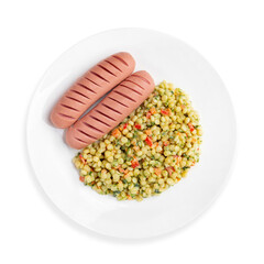 Boiled sausages with chickpeas, on a white background, isolated. Top view.