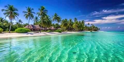 Fototapeta premium Exotic and luxurious beach background with crystal clear water and palm trees