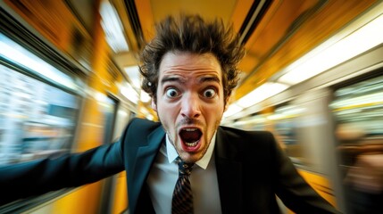 A man in a suit and tie makes a panicked gesture as he tries to catch a late train, with a blurred motion effect. The background shows the inside of the train carriage