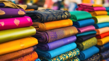 Obraz premium Colorful fabrics stacked neatly in a vibrant marketplace setting.