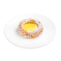 Bun vatrushka with cottage cheese, on a white background, isolated.