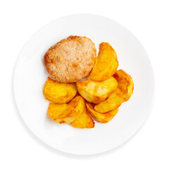 Meat cutlet with home-style potatoes, on a white background, isolated. Top view.