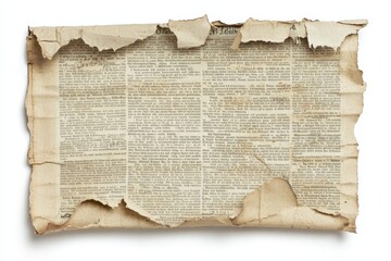 Old, torn newspaper page with illegible text and frayed edges isolated on white.