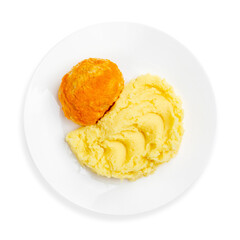 Meat cutlet with mashed potatoes, on a white background, isolated. Top view.