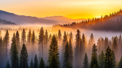 Fototapeta premium Radiant sunset light bathes misty pine forest, creating serene atmosphere. golden hues illuminate trees, enhancing tranquil beauty of nature