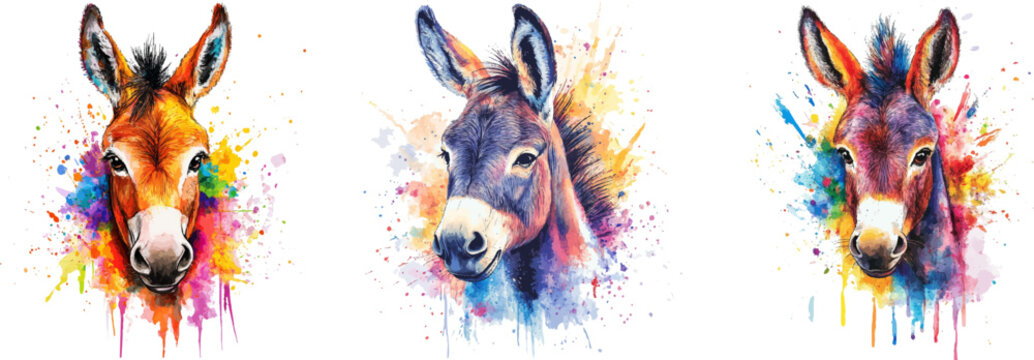 cute baby donkey head Close-up image in watercolor style on white background
