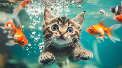 Fototapeta premium wide eyed tabby kitten swims playfully among colorful goldfish in bubbling aquarium, creating whimsical underwater scene filled with joy and curiosity