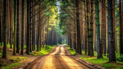 Obraz premium Dirt forest road winding between tall trees, nature, outdoors, woodland, pathway, scenic, wilderness, journey, adventure